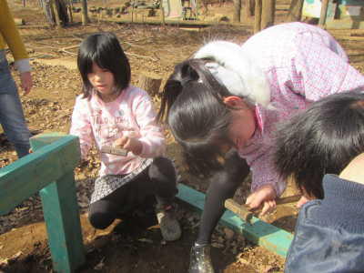 木材に釘を打つ子どもたち